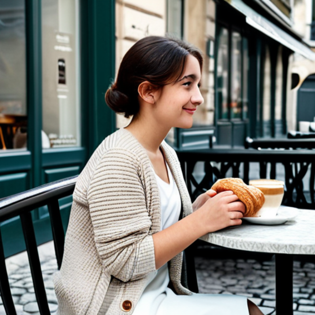 붕괴 스타레일 이벤트 보상 최적 활용법 - Modern Parisian Cafe**
"A young woman in a stylish, modest dress and cardigan, sitting at a table o...