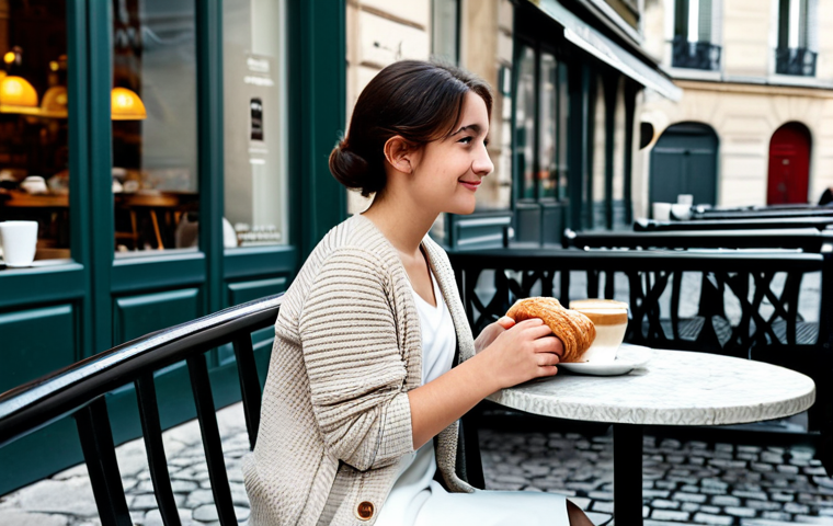 붕괴 스타레일 이벤트 보상 최적 활용법 - Modern Parisian Cafe**
"A young woman in a stylish, modest dress and cardigan, sitting at a table o...