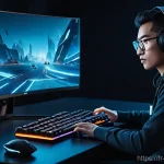 Home 7 붕괴 스타레일 커스텀 컨트롤 세팅 - A highly detailed, cinematic shot of a gamer (gender-neutral, wearing comfortable, fully covering mo...